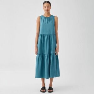 Eileen Fisher Silk Sleeveless Tiered Maxi Dress Teal Blue Size Xl